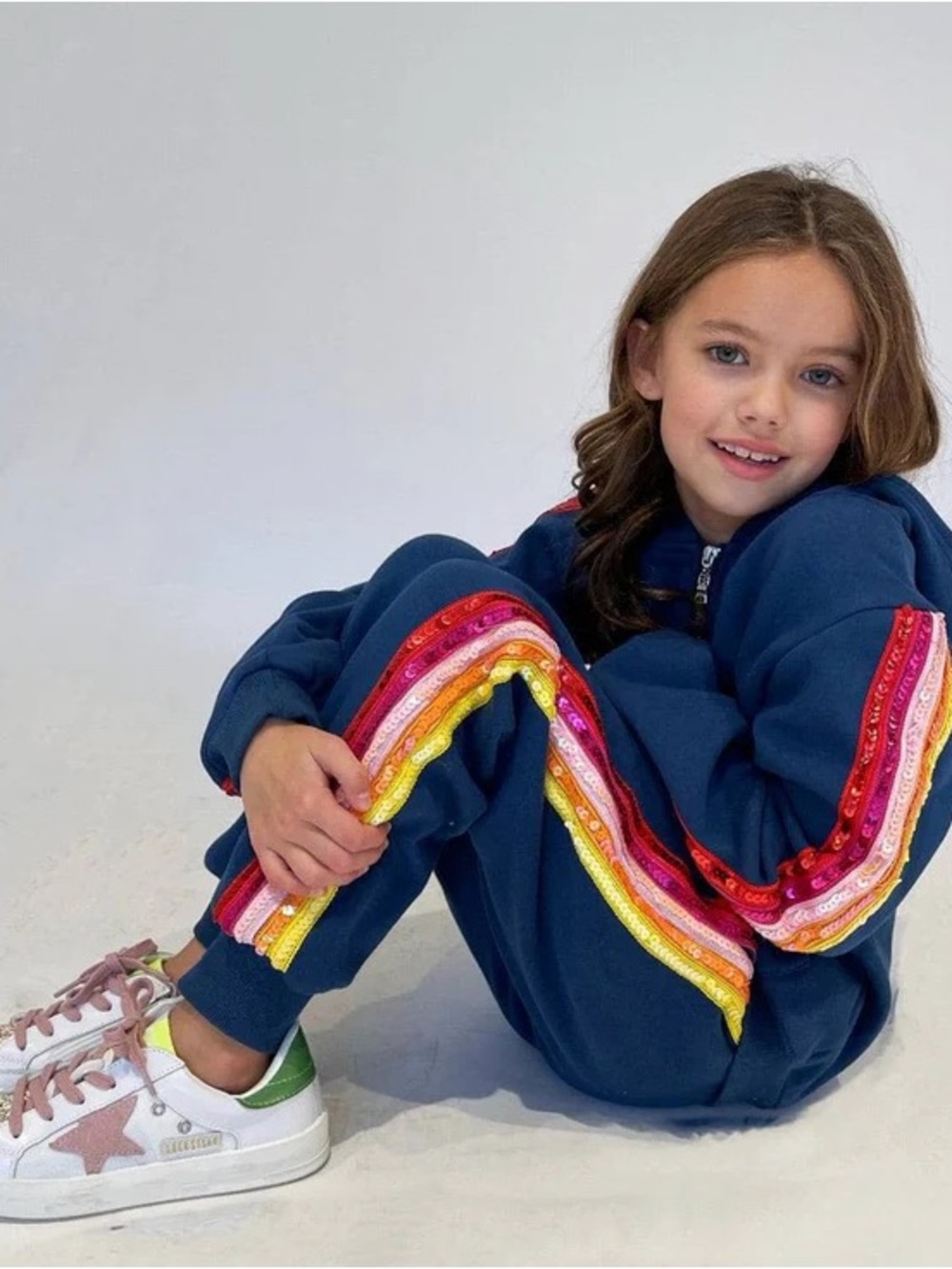 Lola + The Boys Navy Sweatpants with Rainbow Sequin Side Stripes EUC